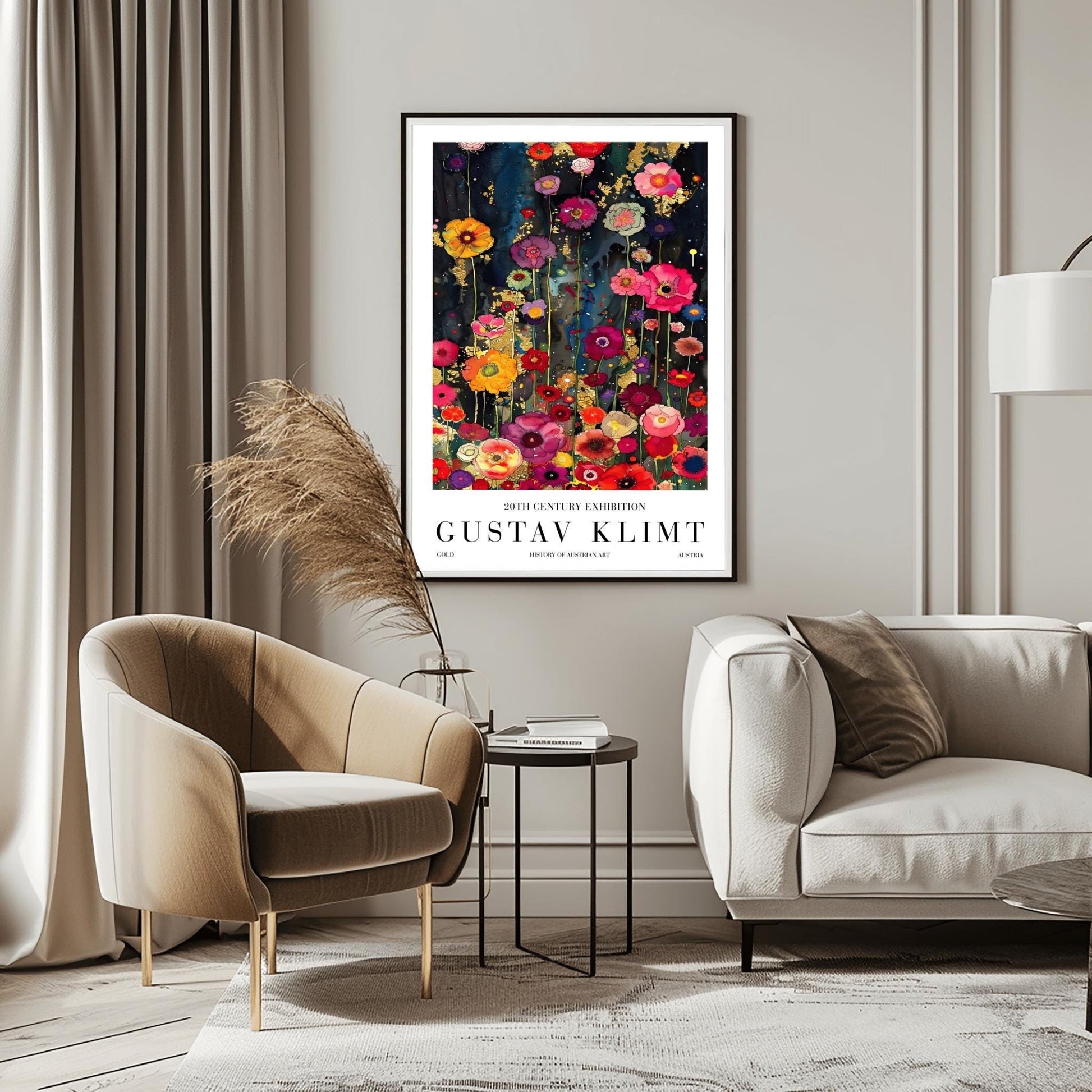 A vertical, highly detailed painting in the style of Gustav Klimt. A dense field of vibrant wildflowers in red, pink, orange, and purple grows against a dark indigo and black background. Shimmering gold-leaf patterns and "rain" effects are woven throughout the flowers. The style is rich in texture with a mosaic-like quality and heavy gold accents.