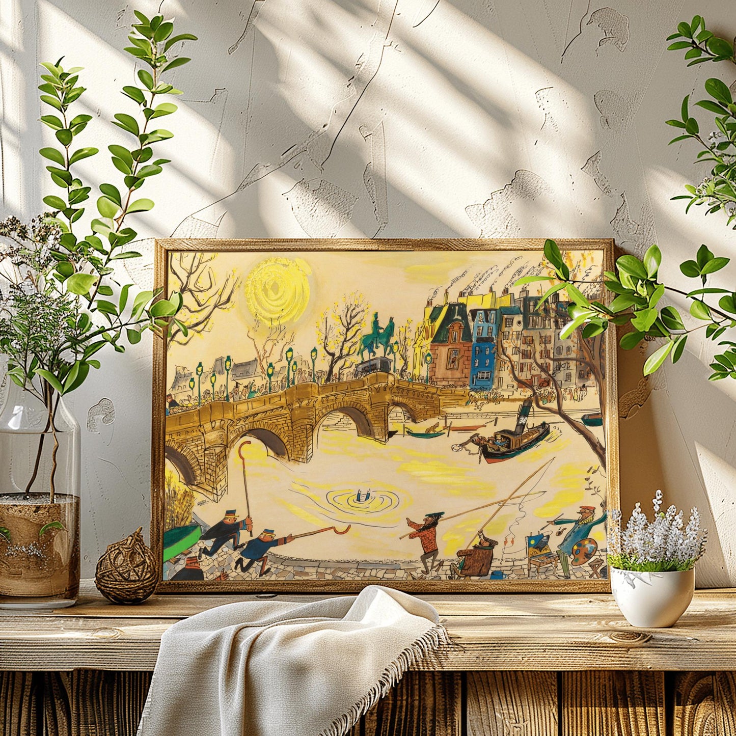 A horizontal watercolor and ink illustration in the style of Ludwig Bemelmans depicting a rescue in Paris. A large stone arch bridge spans a yellow-toned river where a person's legs are visible splashing in the water. On the bridge and the cobblestone quay, various people including officers in blue uniforms, fishermen with long poles, and an artist with a palette are rushing toward the water. In the background, colorful Parisian buildings and a large yellow sun are visible under a pale sky.