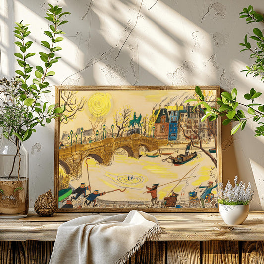 A horizontal watercolor and ink illustration in the style of Ludwig Bemelmans depicting a rescue in Paris. A large stone arch bridge spans a yellow-toned river where a person's legs are visible splashing in the water. On the bridge and the cobblestone quay, various people including officers in blue uniforms, fishermen with long poles, and an artist with a palette are rushing toward the water. In the background, colorful Parisian buildings and a large yellow sun are visible under a pale sky.