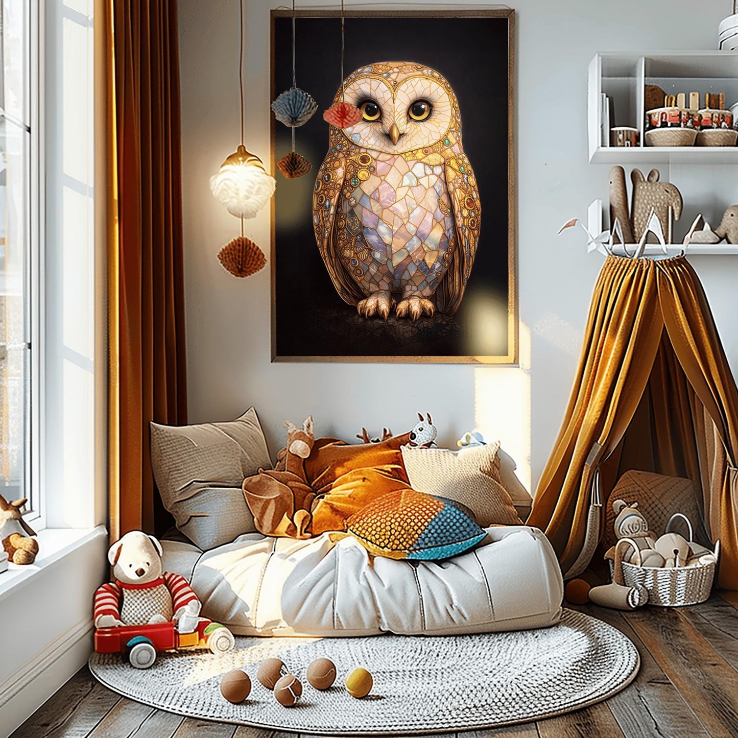 A vertical full-bleed illustration of a barn owl in the style of Gustav Klimt. The owl's body is a complex mosaic of gold, cream, and iridescent pastel tiles with small colorful gemstones embedded in the wings. It has large dark eyes and stands against a solid black background.