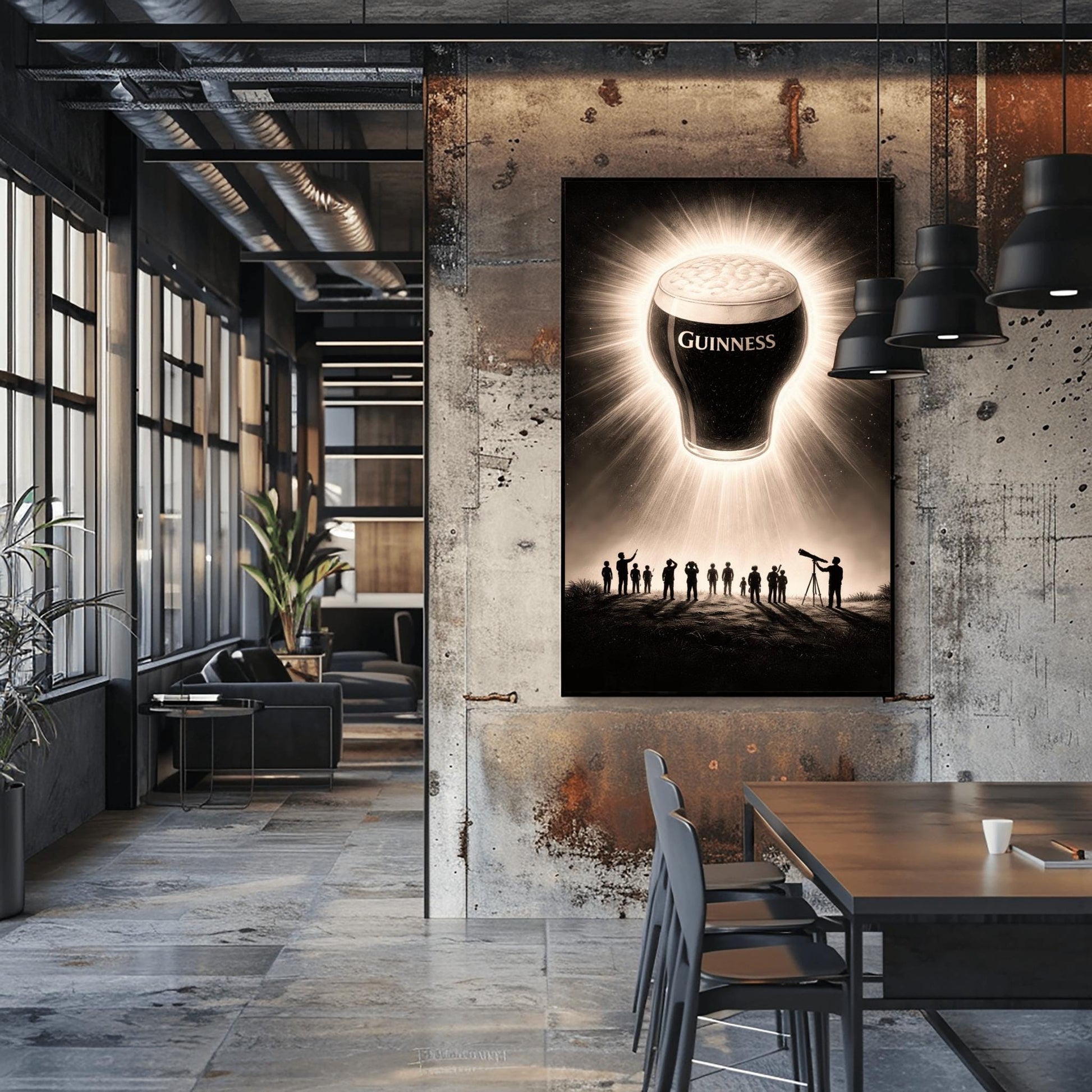 A vertical charcoal-style illustration. A pint of Guinness floats in a dark night sky like a solar eclipse, with bright rays of light radiating from behind the glass. Below, a group of tiny human silhouettes and one person with a telescope look up in wonder at the floating beer.