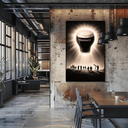 A vertical charcoal-style illustration. A pint of Guinness floats in a dark night sky like a solar eclipse, with bright rays of light radiating from behind the glass. Below, a group of tiny human silhouettes and one person with a telescope look up in wonder at the floating beer.