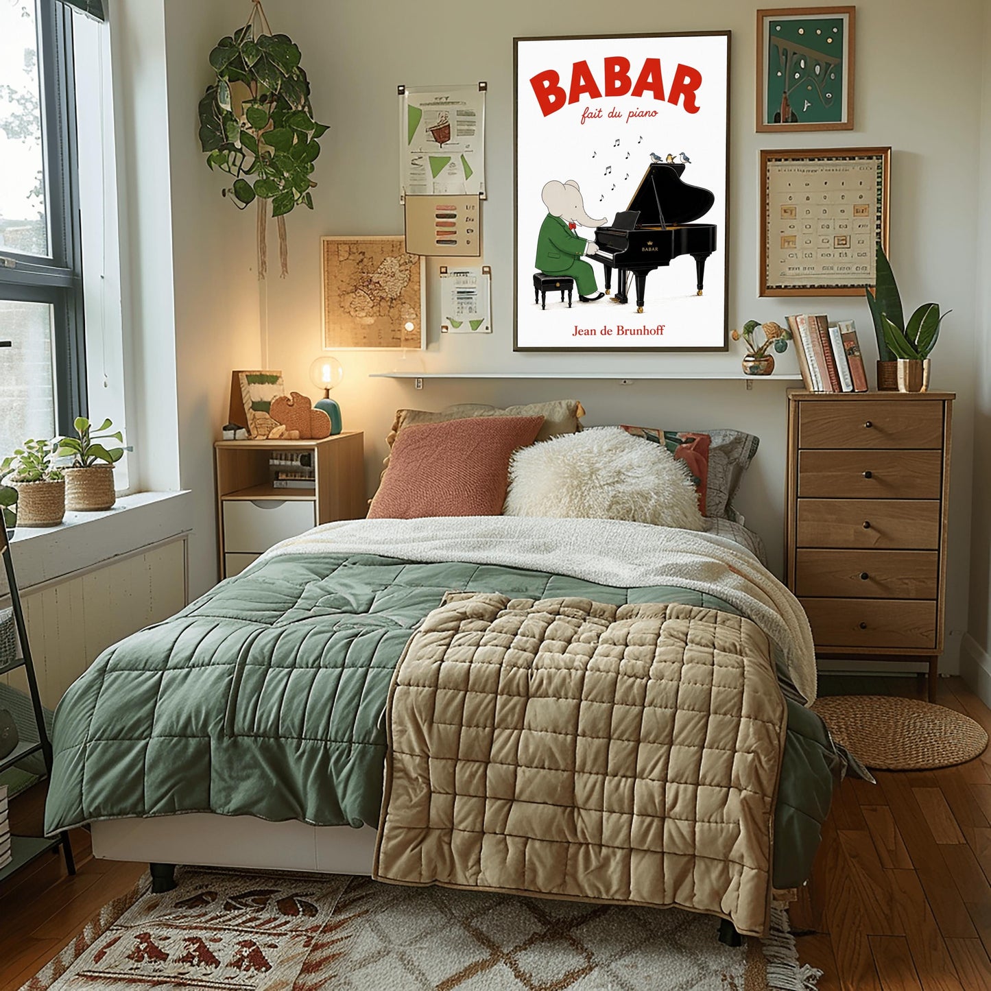 A vertical fine art exhibition poster featuring a classic illustration of Babar the Elephant by Jean de Brunhoff, as seen in Screenshot 2026-05-28 at 19.58.40.png. Set within a wide white border on a textured off-white background, the elephant is shown in a green suit and red bowtie sitting on a stool playing a black grand piano. Three small birds sit on the open piano lid under floating musical notes. Bold red text at the top reads "BABAR fait du piano".