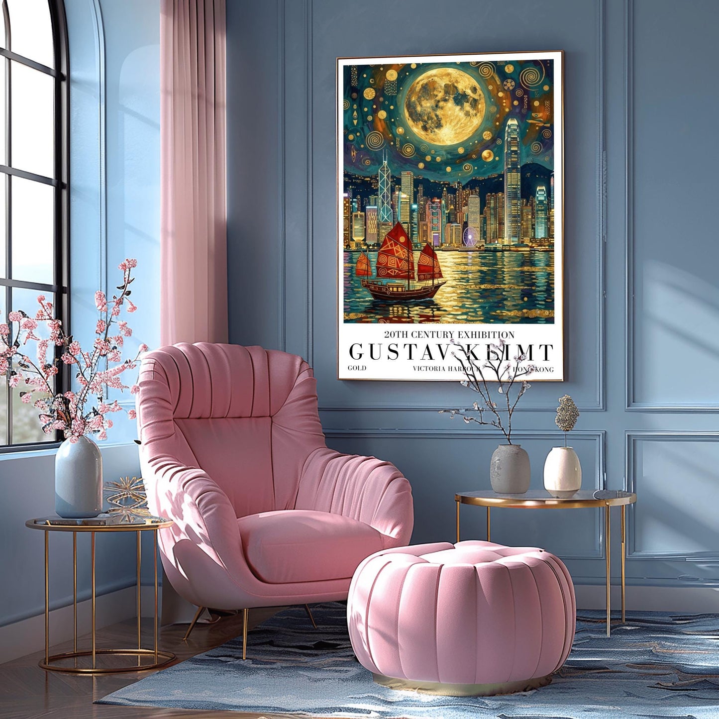 A vertical museum exhibition poster in the style of Gustav Klimt. A traditional red junk boat with golden patterns sails in front of the Hong Kong skyline at night. A massive golden moon with mosaic patterns fills the top of the sky. Bold black text at the bottom reads "GUSTAV KLIMT" and "VICTORIA HARBOUR."