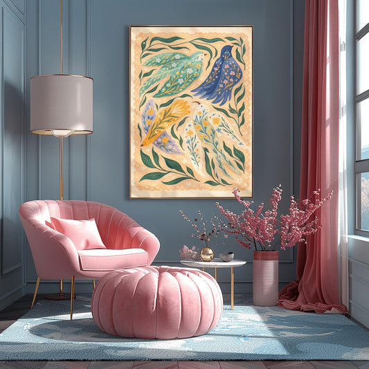 A vertical folk-art style illustration of three stylized birds perched on a dark brown branch. The birds have different colored bodies in teal, orange, and light blue, decorated with white circles and stripes. They are surrounded by swirling blue vines, orange flowers with geometric centers, and small green and yellow leaves. The background is a textured off-white, and the entire image has a rhythmic, handcrafted feel.