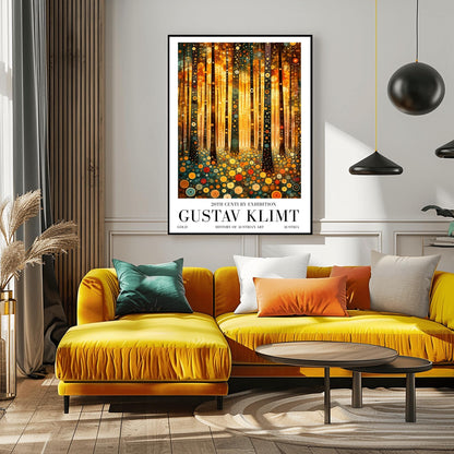 A vertical fine art print in the style of Gustav Klimt. Dark, slender tree trunks are decorated with various golden and colorful concentric circles. The forest floor is covered in similar circular floral patterns. A bright, warm golden light glows from the background, creating a high-contrast, ornate night forest scene.