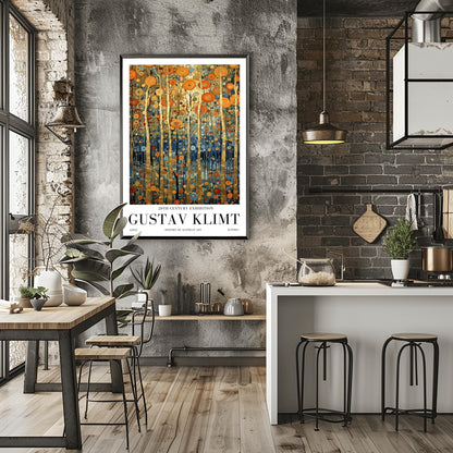 A vertical museum exhibition poster in the style of Gustav Klimt. Tall, slender tree trunks made of brilliant gold leaf stand against a background of orange, gold, and blue mosaic-style leaves. The bottom of the image is a deep indigo blue. Bold black text at the bottom reads "GUSTAV KLIMT" and "HISTORY OF AUSTRIAN ART."