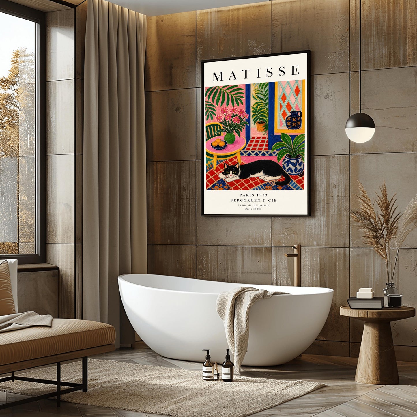 A vertical maximalist art print styled as a Henri Matisse exhibition poster. A black and white tuxedo cat lies across an intricate red, orange, and blue patterned rug. The room features textured bubblegum pink walls and a cobalt blue door frame. To the left, a pink table holds a bowl of oranges and a green vase with pink flowers. To the right, a blue and white floral pot holds a green plant. A diamond-patterned window is visible in the background.