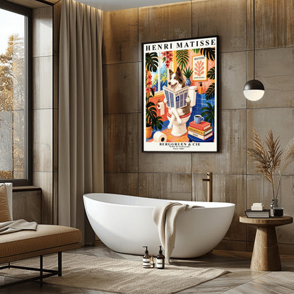 A vertical retro French exhibition poster styled after Henri Matisse with a wide ivory border. The central image shows a vibrant bathroom illustration where a fluffy brown-and-white border collie dog sits upright on a white toilet, holding and reading a newspaper titled "LE JOURNAL" with a happy, alert expression. The room features cobalt blue floor and wall tiles, coral pink walls, and large potted monstera plants with cascading pink flowers