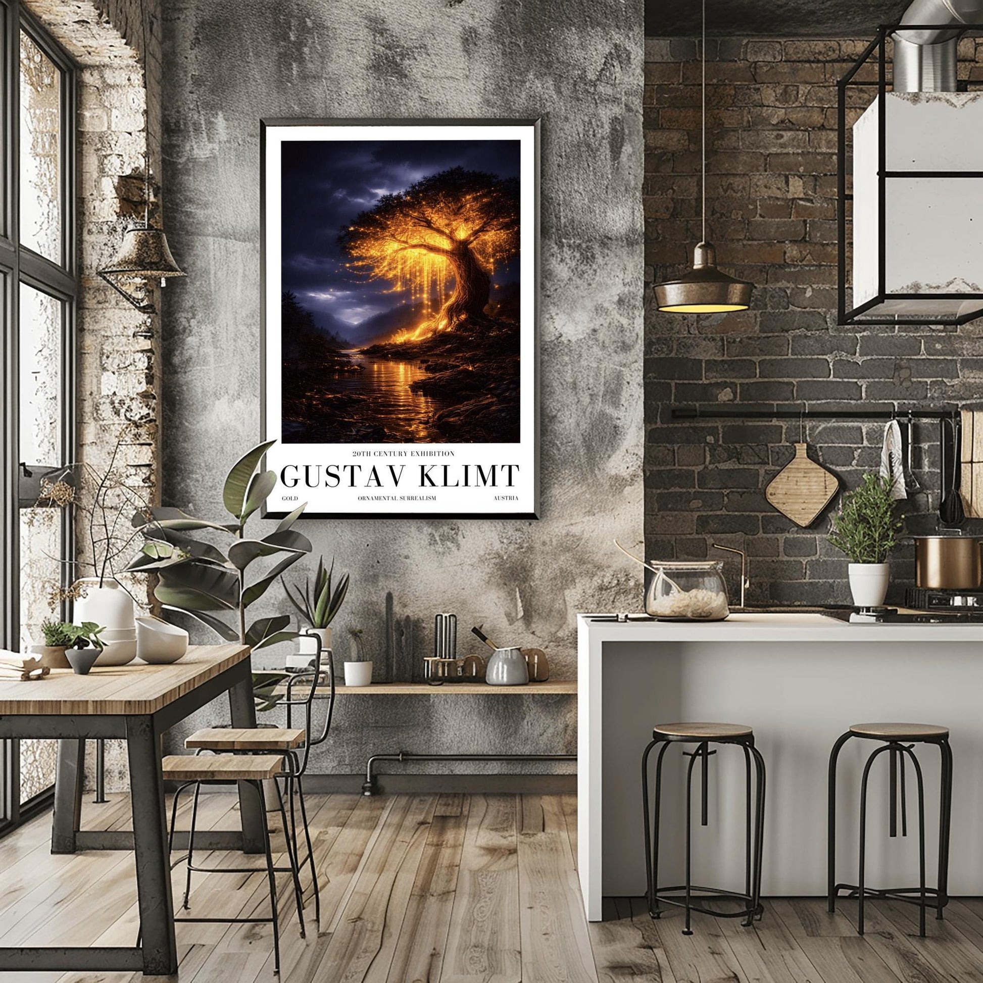 A vertical full-bleed illustration of a large weeping willow tree glowing with golden light in a stormy mountain valley. The tree stands by a dark river reflecting its gold light. The background features dark, rainy mountains and a moody indigo sky in the style of Gustav Klimt.