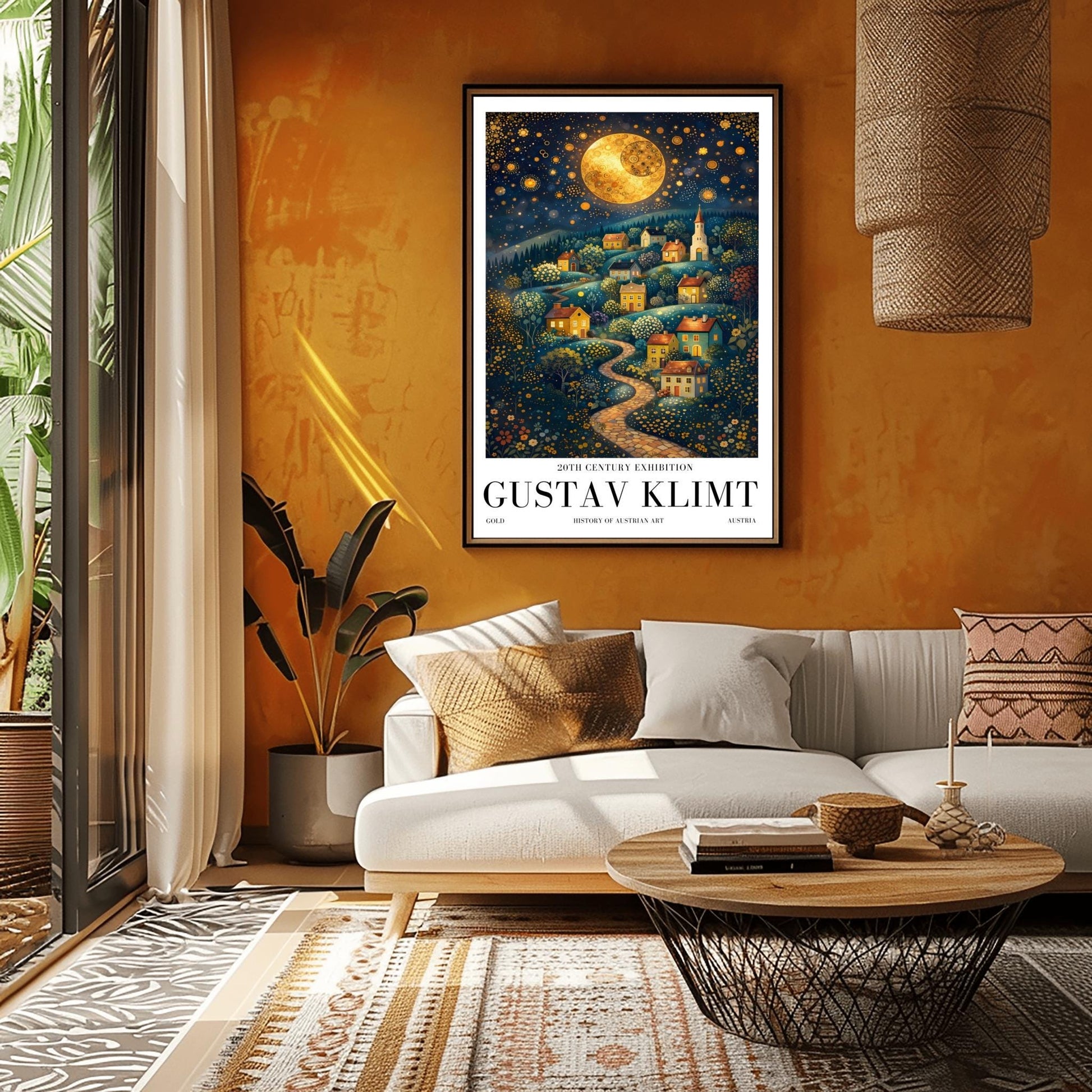 A vertical fine art exhibition poster in the style of Gustav Klimt. A winding cobblestone path leads up a hillside filled with small, colorful houses and a church under a massive golden mosaic moon. The sky is deep blue and filled with golden stars and spirals. Bold black text at the bottom reads "GUSTAV KLIMT" and "HISTORY OF AUSTRIAN ART."