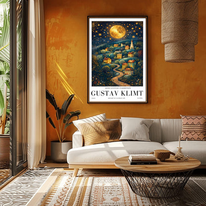 A vertical fine art exhibition poster in the style of Gustav Klimt. A winding cobblestone path leads up a hillside filled with small, colorful houses and a church under a massive golden mosaic moon. The sky is deep blue and filled with golden stars and spirals. Bold black text at the bottom reads "GUSTAV KLIMT" and "HISTORY OF AUSTRIAN ART."