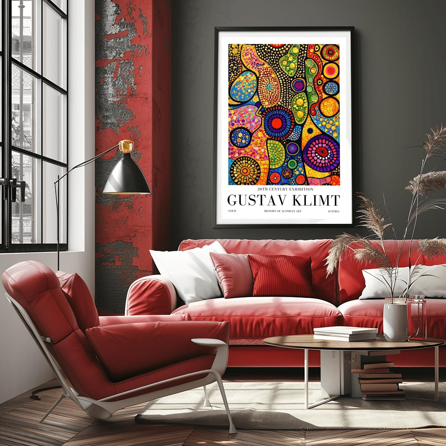 A vertical museum exhibition poster in the style of Gustav Klimt. Tall, dark tree trunks stand in a forest where the sky is made of colorful stained-glass mosaic circles. A bright sun in the center casts sharp, white sunbeams through the trees. Bold black text at the bottom reads "GUSTAV KLIMT" and "HISTORY OF AUSTRIAN ART."