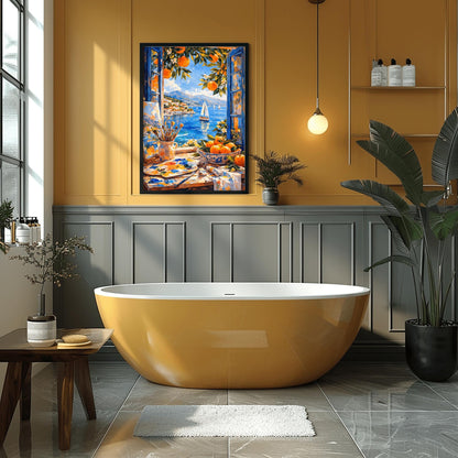 A vertical painterly illustration of an artist's studio window. In the foreground, a table holds a paint palette, brushes in a jar, and a bowl of oranges. Outside the open blue shutters, a sailboat drifts on a blue sea next to a coastal town and mountains.