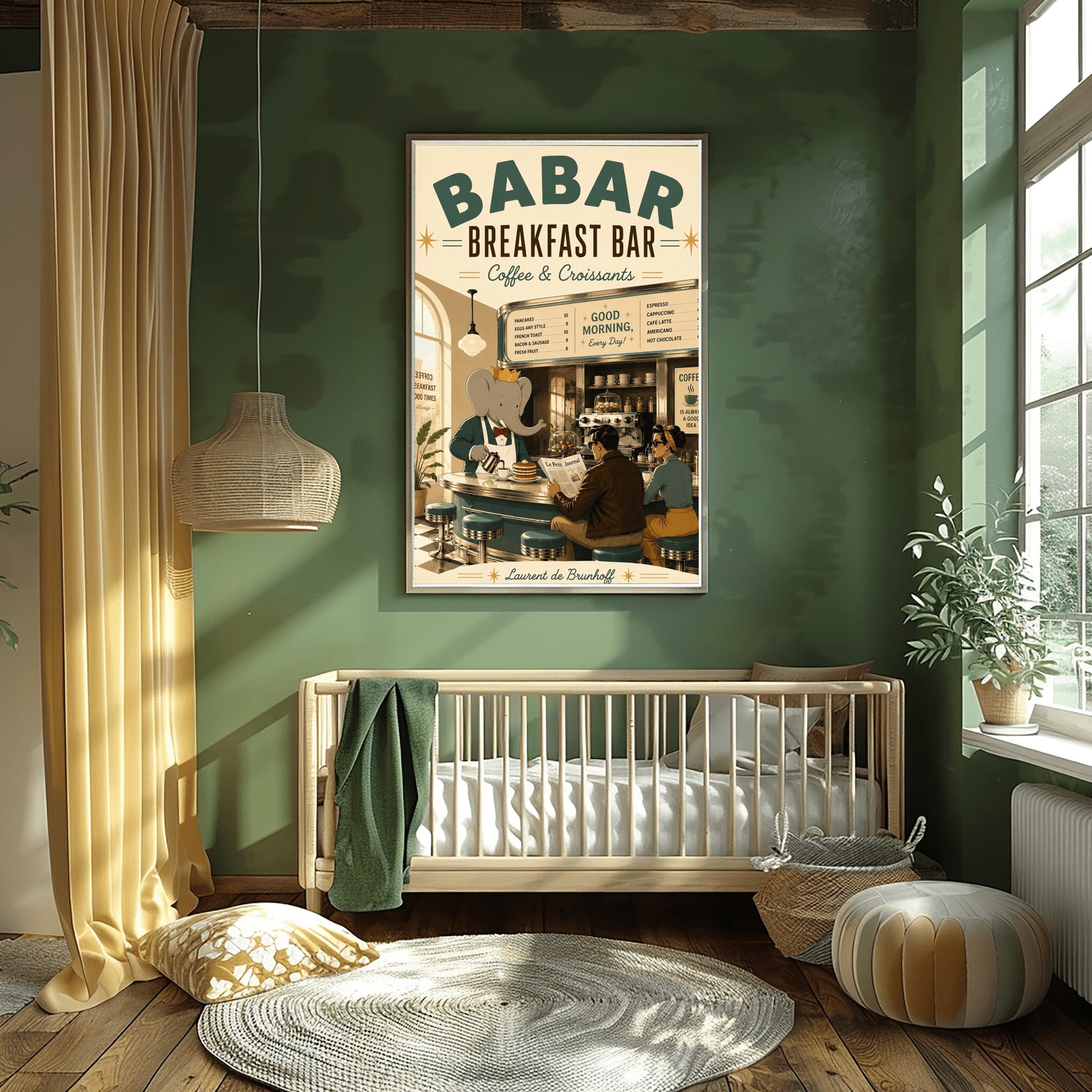 A warm 1950s-style illustration poster titled "BABAR BREAKFAST BAR - Coffee & Croissants" in large green letters. The scene shows the interior of a sunlit retro cafe where the cartoon elephant King Babar wears a gold crown and white apron while pouring coffee from a silver pot. A man in a brown leather jacket reads a newspaper titled "Le Petit Journal" next to a woman with a polka-dot hairband. They sit on teal chrome stools at a curved counter.