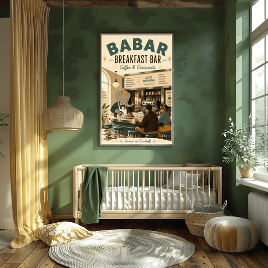 A warm 1950s-style illustration poster titled "BABAR BREAKFAST BAR - Coffee & Croissants" in large green letters. The scene shows the interior of a sunlit retro cafe where the cartoon elephant King Babar wears a gold crown and white apron while pouring coffee from a silver pot. A man in a brown leather jacket reads a newspaper titled "Le Petit Journal" next to a woman with a polka-dot hairband. They sit on teal chrome stools at a curved counter.