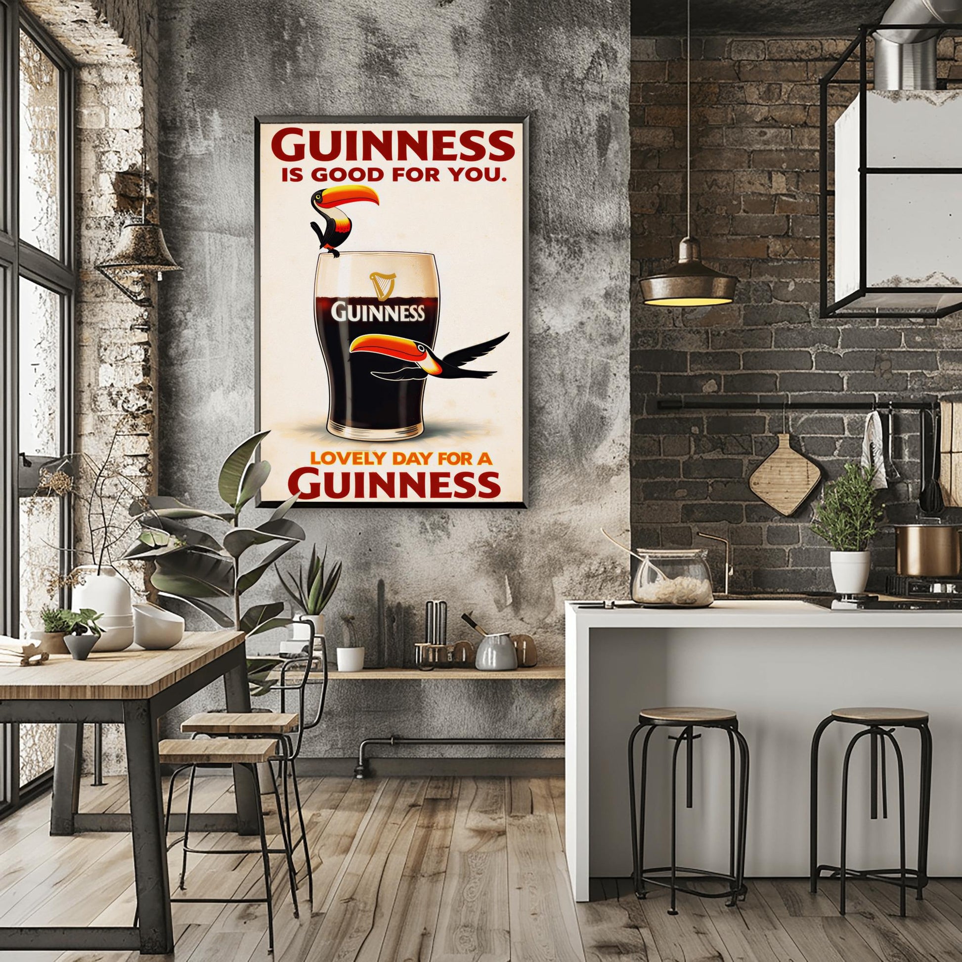 A vertical vintage-style advertisement for Guinness. A large glass of dark stout with a creamy white head is centered. A cartoon toucan with a large orange beak is perched on the rim, and another toucan flies past the bottom of the glass. The text reads "GUINNESS IS GOOD FOR YOU" at the top and "LOVELY DAY FOR A GUINNESS" at the bottom in red font.