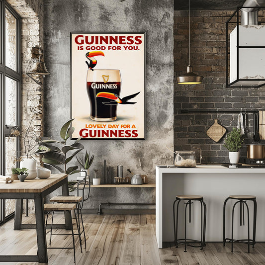 A vertical vintage-style advertisement for Guinness. A large glass of dark stout with a creamy white head is centered. A cartoon toucan with a large orange beak is perched on the rim, and another toucan flies past the bottom of the glass. The text reads "GUINNESS IS GOOD FOR YOU" at the top and "LOVELY DAY FOR A GUINNESS" at the bottom in red font.