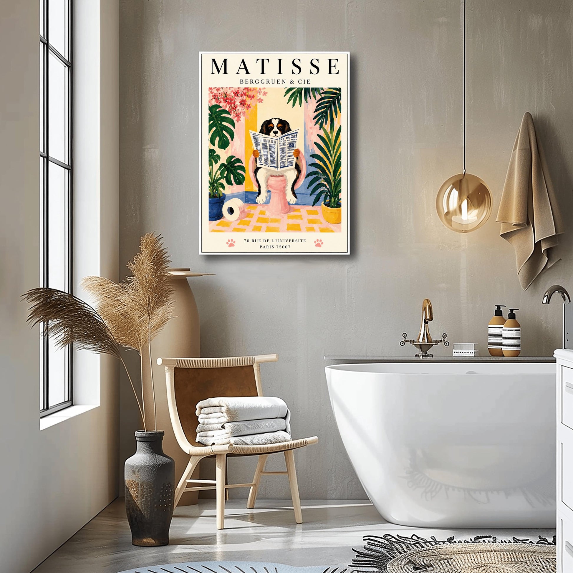 A vertical vintage-style exhibition poster on a cream background titled "MATISSE BERGGRUEN & CIE" in bold black font. The main gouache-style illustration depicts a tricolor black, white, and tan Cavalier King Charles Spaniel sitting on a pink toilet. The dog is holding and reading a blue-and-white French newspaper titled "LE JOURNAL". The bathroom scene includes a roll of toilet paper on a yellow checkered floor, potted monstera and palm plants