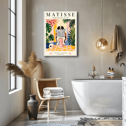 A vertical vintage-style exhibition poster on a cream background titled "MATISSE BERGGRUEN & CIE" in bold black font. The main gouache-style illustration depicts a tricolor black, white, and tan Cavalier King Charles Spaniel sitting on a pink toilet. The dog is holding and reading a blue-and-white French newspaper titled "LE JOURNAL". The bathroom scene includes a roll of toilet paper on a yellow checkered floor, potted monstera and palm plants