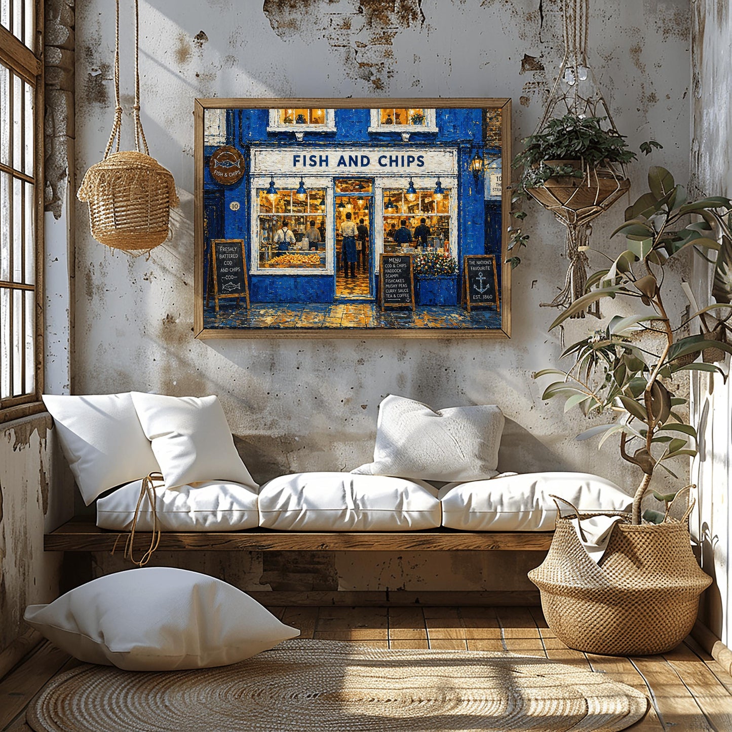 A horizontal impressionist painting of a "Fish and Chips" shop at night. The building is a vibrant cobalt blue with thick, textured brushstrokes. Large, bright windows reveal a warm yellow interior where chefs are working. Outside, three wooden chalkboard signs list the menu and "The Nation's Favourite." The wet pavement reflects the golden light from the shop's interior and blue exterior lamps. A sign on the right reads "10 The Strand."