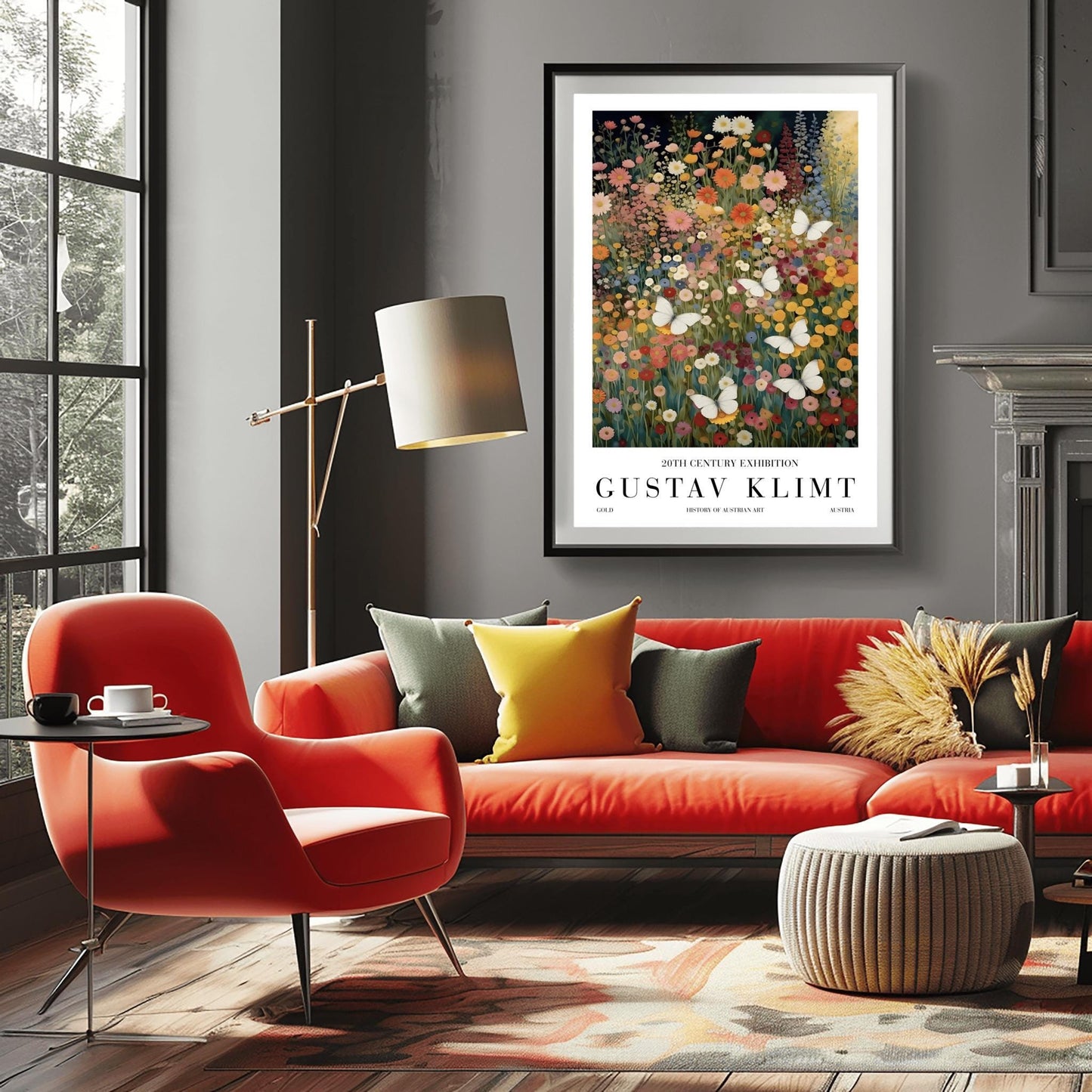 A vertical fine art painting in the style of Gustav Klimt. A dense field of colorful wildflowers in shades of orange, pink, yellow, and red fills the frame. Several large, delicate white butterflies are scattered throughout the meadow, appearing to fly toward a soft golden light in the upper right corner. The style is highly textured with decorative mosaic patterns.