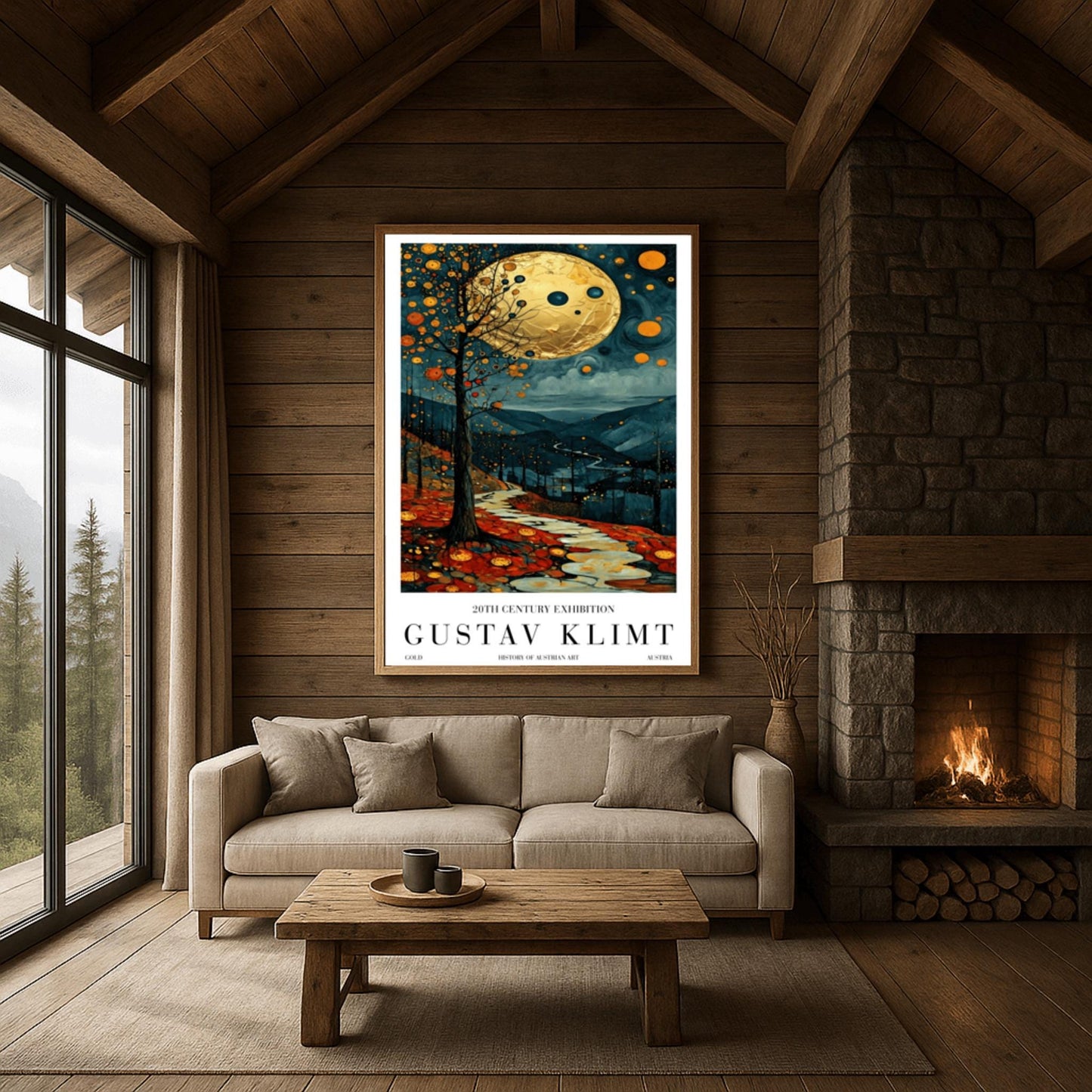 A vertical fine art painting in the style of Gustav Klimt. A massive, textured golden moon hangs in a dark, starlit sky above rolling teal mountains. A white, winding stone path leads through a foreground of orange and red autumn leaves. On the left, a slender tree is decorated with golden mosaic orbs. The overall style is rich in texture and golden ornamentation.