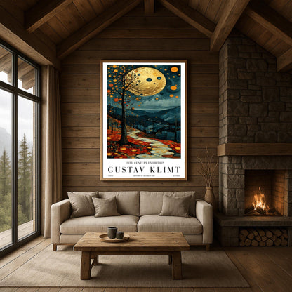 A vertical fine art painting in the style of Gustav Klimt. A massive, textured golden moon hangs in a dark, starlit sky above rolling teal mountains. A white, winding stone path leads through a foreground of orange and red autumn leaves. On the left, a slender tree is decorated with golden mosaic orbs. The overall style is rich in texture and golden ornamentation.