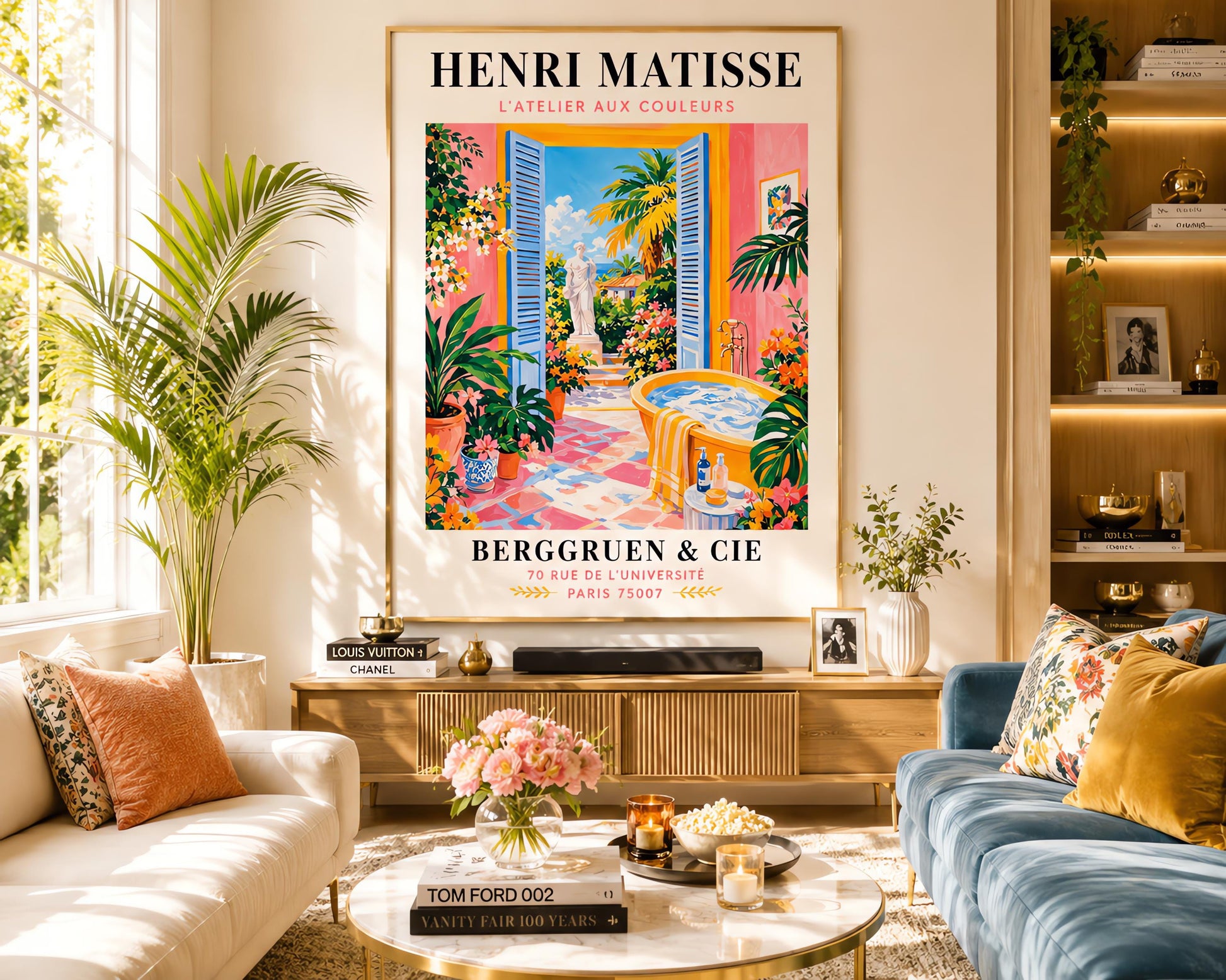A vertical minimalist fine art exhibition poster in the style of Henri Matisse, featuring a wide white border layout. In the center, a simple black line drawing illustrates a vintage clawfoot bathtub sitting on a terracotta red balcony floor. The balcony opens out to a view of a flat royal blue ocean and a mustard yellow sky. The entire composition is framed by flat paper-cut abstract organic coral leaf shapes against a solid white backdrop.