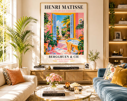 A vertical minimalist fine art exhibition poster in the style of Henri Matisse, featuring a wide white border layout. In the center, a simple black line drawing illustrates a vintage clawfoot bathtub sitting on a terracotta red balcony floor. The balcony opens out to a view of a flat royal blue ocean and a mustard yellow sky. The entire composition is framed by flat paper-cut abstract organic coral leaf shapes against a solid white backdrop.