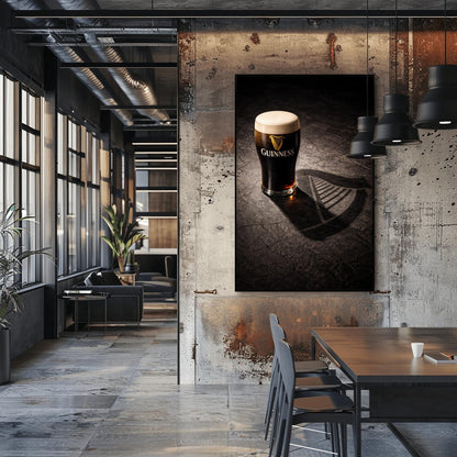 A vertical hyper-realistic photograph of a pint of Guinness on a dark stone surface. A bright light from the side casts a long shadow of the glass that clearly forms the shape of a Celtic harp. The stone is textured and dark, with the glass as the bright focal point.