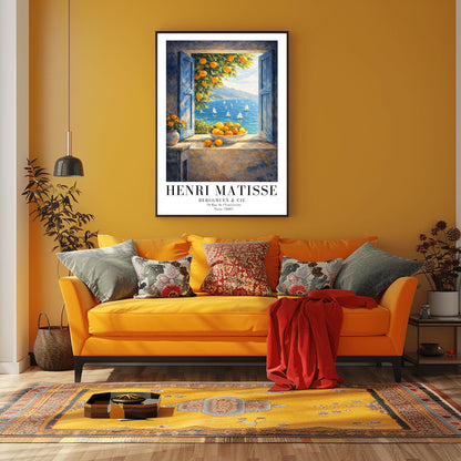 A vertical painterly illustration of an open window with blue shutters looking out at a sea with many sailboats. On the windowsill sits a large bowl overflowing with oranges. A branch with oranges hangs from the top, and a vase of yellow flowers is on a table to the left.