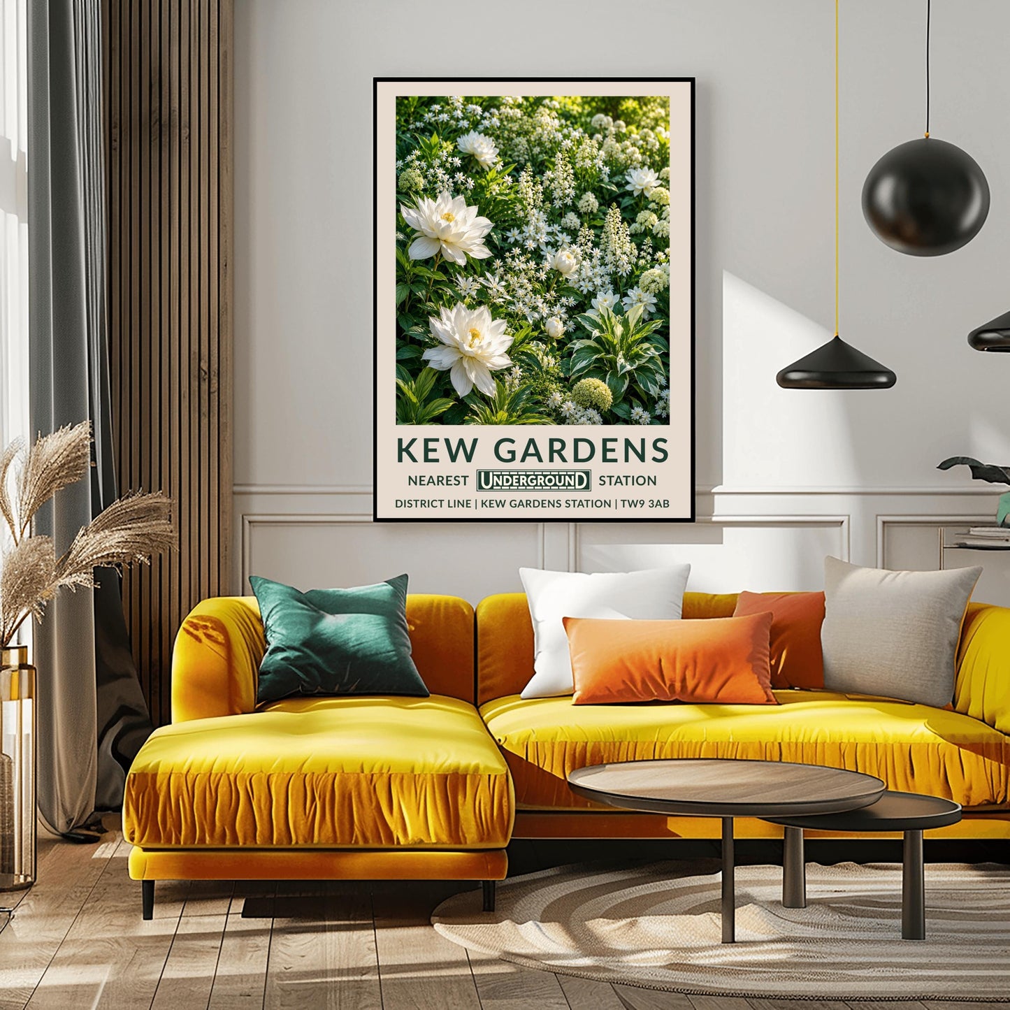 A vertical retro London Underground travel poster for Kew Gardens on a wide cream border. The top image shows a close-up, highly detailed illustration of a dense summer garden border entirely filled with white flowers. Two large, fully bloomed white dahlias with soft yellow centers dominate the lower left side. The background is packed with starry white wildflowers, vertical white flower spires, round chartreuse hydrangeas, and variegated green-and-white leaves.