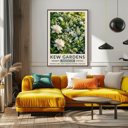 A vertical retro London Underground travel poster for Kew Gardens on a wide cream border. The top image shows a close-up, highly detailed illustration of a dense summer garden border entirely filled with white flowers. Two large, fully bloomed white dahlias with soft yellow centers dominate the lower left side. The background is packed with starry white wildflowers, vertical white flower spires, round chartreuse hydrangeas, and variegated green-and-white leaves.
