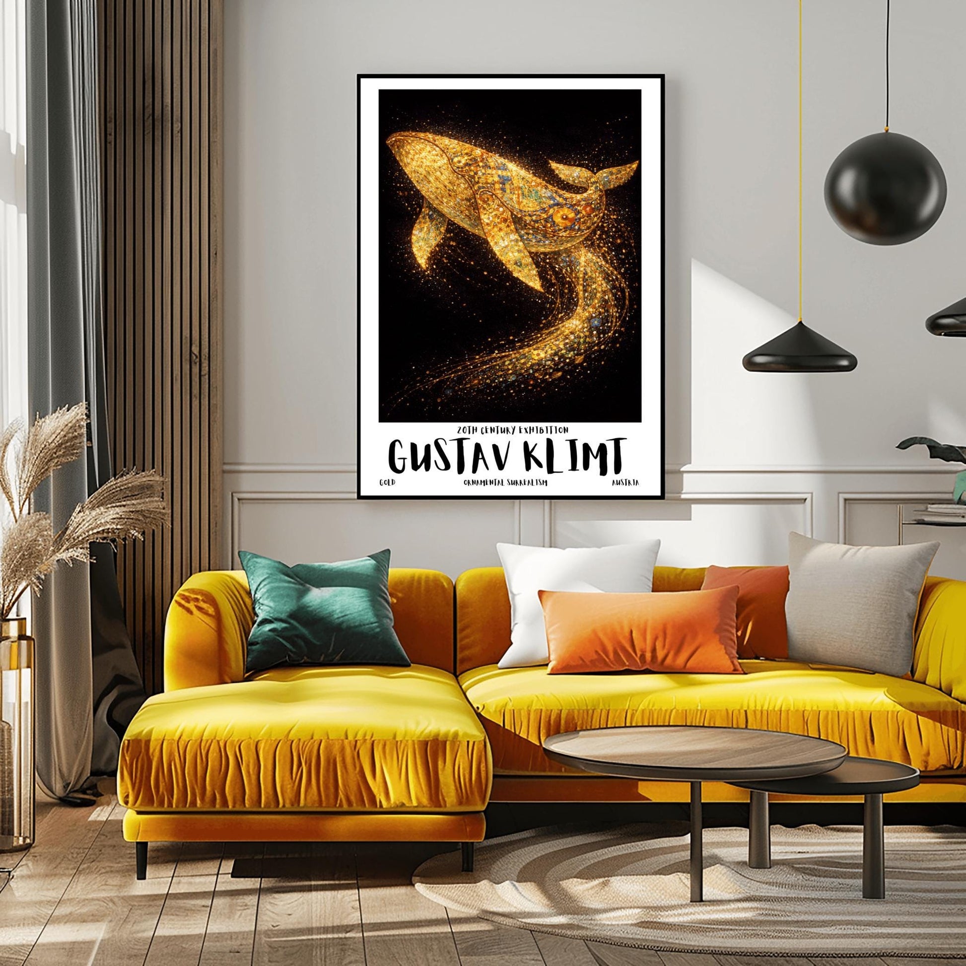 A vertical exhibition poster for Gustav Klimt featuring a large humpback whale made of golden mosaic patterns. The whale is breaching against a black background, leaving a trail of sparkling gold dust. Bold text at the bottom reads "GUSTAV KLIMT" and "Ornamental Surrealism."