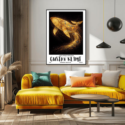 A vertical exhibition poster for Gustav Klimt featuring a large humpback whale made of golden mosaic patterns. The whale is breaching against a black background, leaving a trail of sparkling gold dust. Bold text at the bottom reads "GUSTAV KLIMT" and "Ornamental Surrealism."