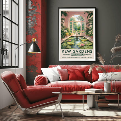 A vertical vintage travel poster for Kew Gardens. The scene is an interior view of a pink-walled conservatory featuring a long rectangular pond filled with lily pads and pink water lilies. A tiered stone fountain stands in the water. Large arched glass doors are open in the center, revealing a sun-drenched garden path lined with flowers and palm trees. The bottom features a cream border with bold green text: "KEW GARDENS" and "NEAREST UNDERGROUND STATION" with District Line details.