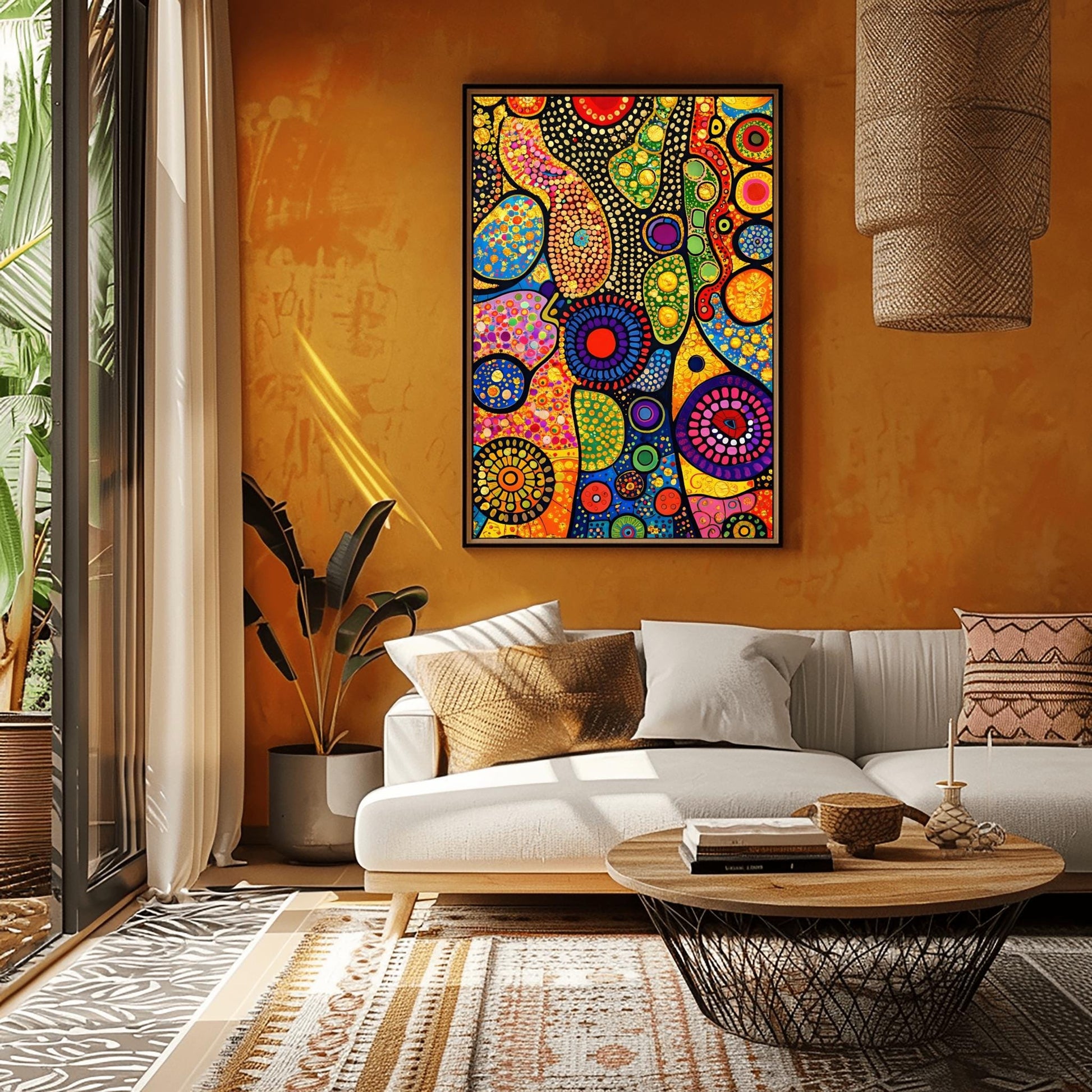 A vertical fine art print in the style of Gustav Klimt. An abstract composition of organic, flowing shapes filled with colorful dots, circles, and geometric patterns in red, blue, green, and orange. Shimmering gold leaf textures and "pebbled" patterns are interspersed throughout, set against a dark, structured background.