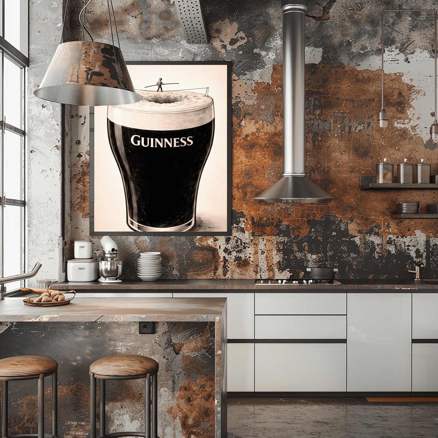 A vertical charcoal-style illustration of a pint of Guinness. A tiny silhouette of a person balances on a tightrope stretched across the white foam at the top of the glass. The body of the beer is deep black with the word "GUINNESS" in white. The background is a light, textured cream.