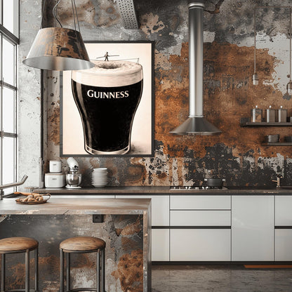 A vertical charcoal-style illustration of a pint of Guinness. A tiny silhouette of a person balances on a tightrope stretched across the white foam at the top of the glass. The body of the beer is deep black with the word "GUINNESS" in white. The background is a light, textured cream.