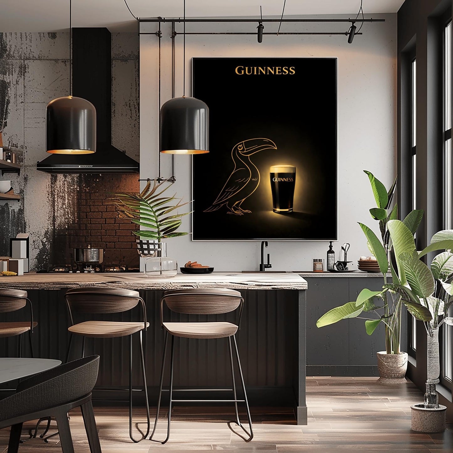 A vertical minimalist poster with a deep black background. In the center, a golden line-art silhouette of a toucan faces a glowing, realistic pint of Guinness beer. The pint has a bright white head and gold text. At the top, the word "GUINNESS" is written in gold.