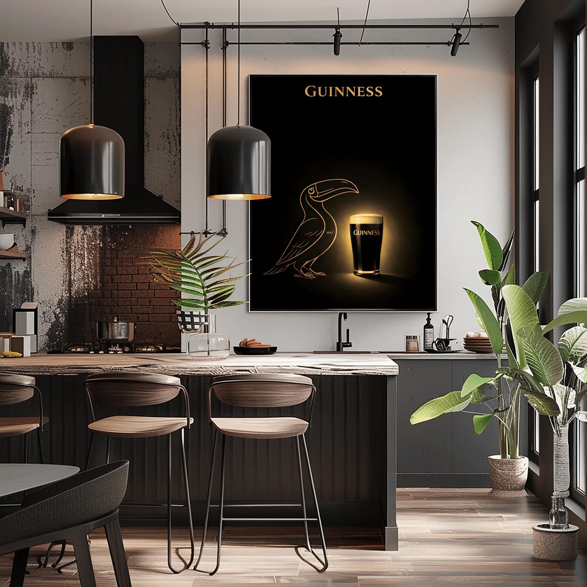 A vertical minimalist poster with a deep black background. In the center, a golden line-art silhouette of a toucan faces a glowing, realistic pint of Guinness beer. The pint has a bright white head and gold text. At the top, the word "GUINNESS" is written in gold.