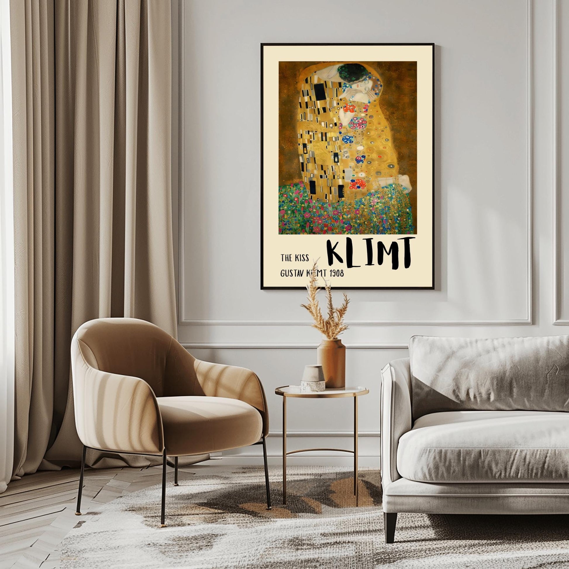 A vertical fine art print of "The Kiss" by Gustav Klimt. Two lovers are shown in an intimate embrace, their bodies covered in elaborate, decorative gold robes. The man's robe features black and white geometric shapes, while the woman's features colorful floral circles. They kneel on a lush bed of colorful wildflowers against a dark, shimmering gold background. The style is rich in mosaic-like patterns and Art Nouveau ornamentation.