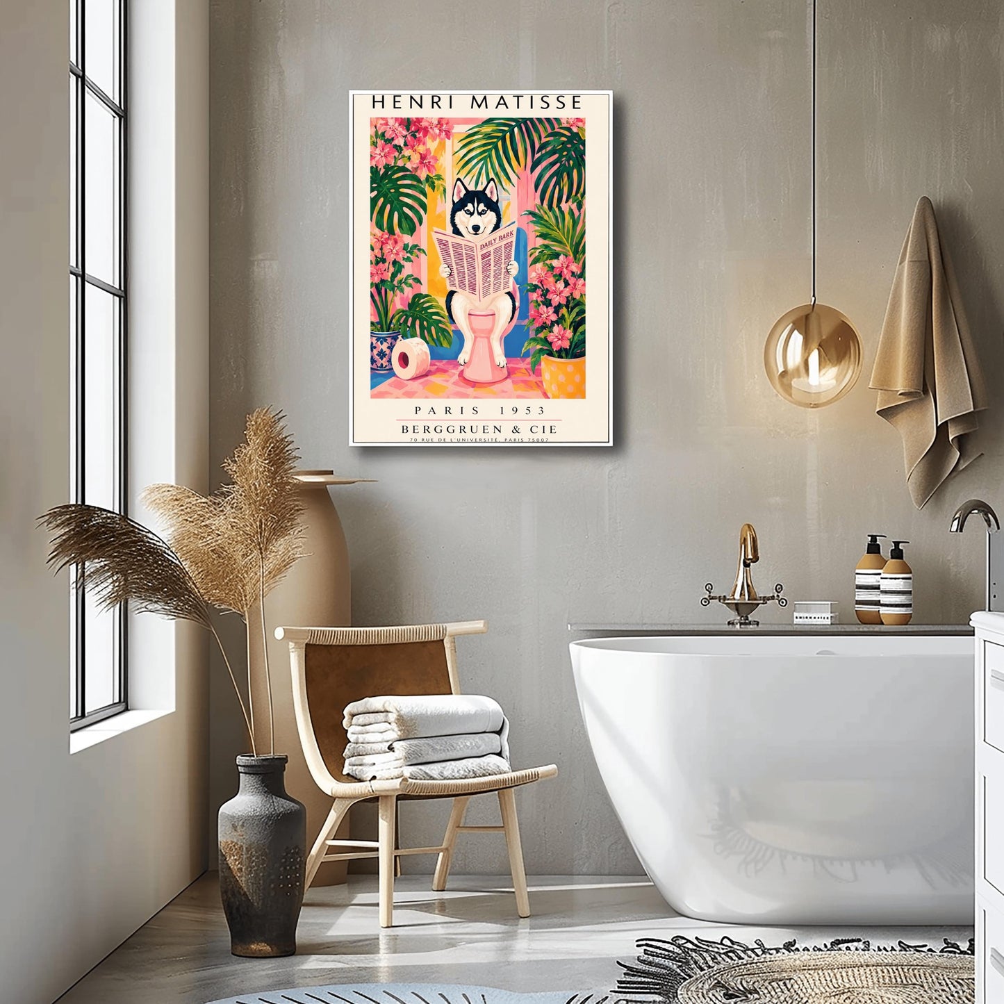 A vertical vintage-style art exhibition poster titled "HENRI MATISSE" at the top and "PARIS 1953 BERGGRUEN & CIE" at the bottom,. The center illustration shows a black-and-white Siberian Husky with blue eyes sitting on a pink toilet in a bright pink and yellow bathroom, reading a newspaper titled "DAILY BARK". The scene is framed by large green tropical leaves, bright pink flowers, a blue-and-white patterned planter, and a roll of toilet paper on the floor.