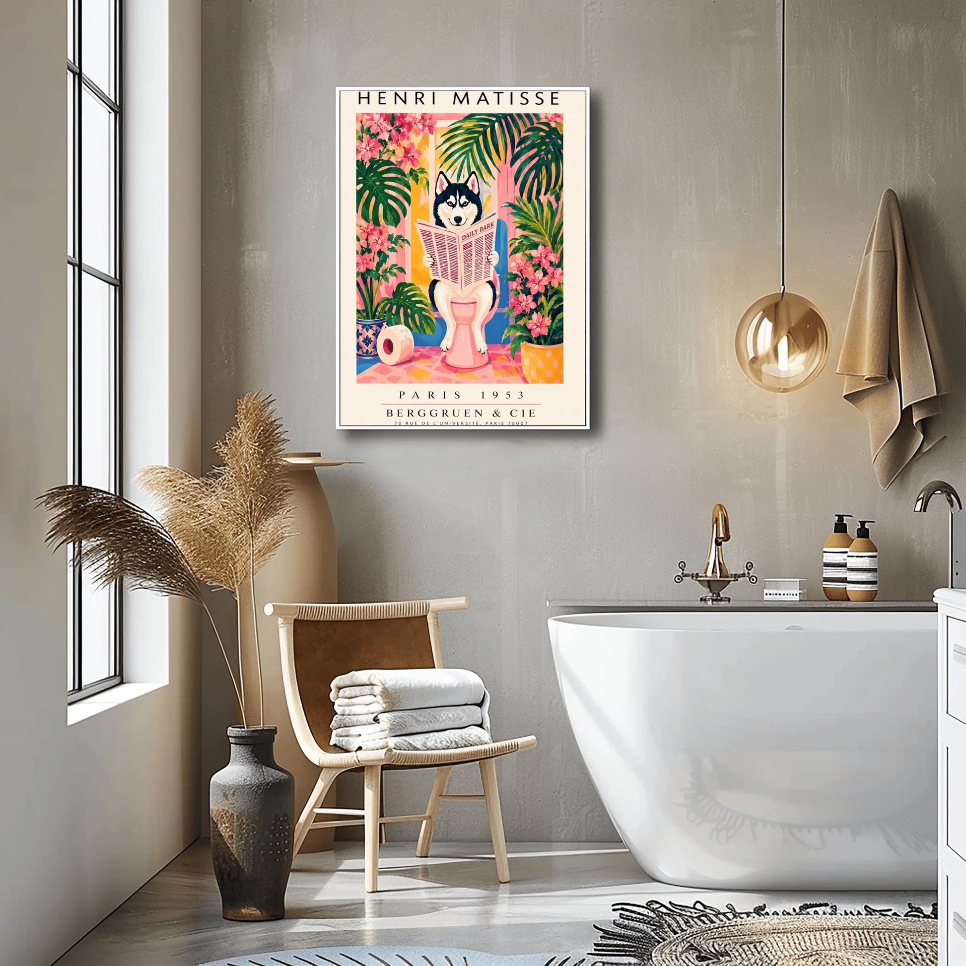 A vertical vintage-style art exhibition poster titled "HENRI MATISSE" at the top and "PARIS 1953 BERGGRUEN & CIE" at the bottom,. The center illustration shows a black-and-white Siberian Husky with blue eyes sitting on a pink toilet in a bright pink and yellow bathroom, reading a newspaper titled "DAILY BARK". The scene is framed by large green tropical leaves, bright pink flowers, a blue-and-white patterned planter, and a roll of toilet paper on the floor.