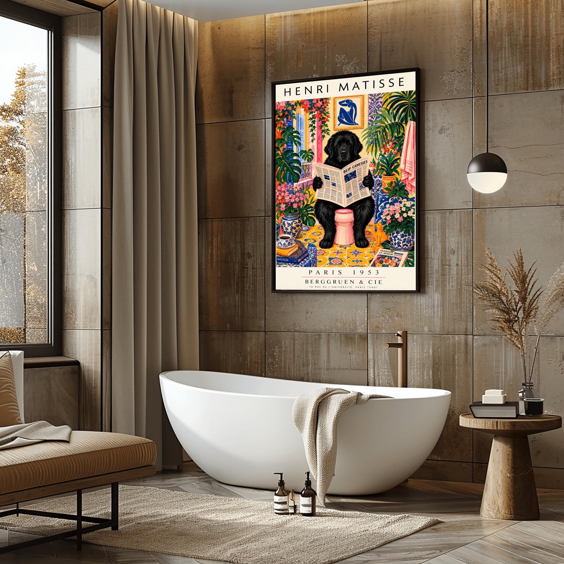 A vertical vintage-style art exhibition poster titled "HENRI MATISSE" at the top and "PARIS 1953 BERGGRUEN & CIE" at the bottom. The main image shows a large, fluffy black Newfoundland dog sitting on a pink toilet in a highly decorated bathroom, reading a newspaper. The room is filled with yellow pattern tiles, blue-and-white wallpaper, a blue Matisse cutout art frame on the wall, multiple large green houseplants, and vases filled with colorful pink flowers.