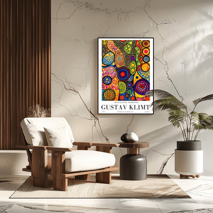 A vertical museum exhibition poster in the style of Gustav Klimt. Tall, dark tree trunks stand in a forest where the sky is made of colorful stained-glass mosaic circles. A bright sun in the center casts sharp, white sunbeams through the trees. Bold black text at the bottom reads "GUSTAV KLIMT" and "HISTORY OF AUSTRIAN ART."