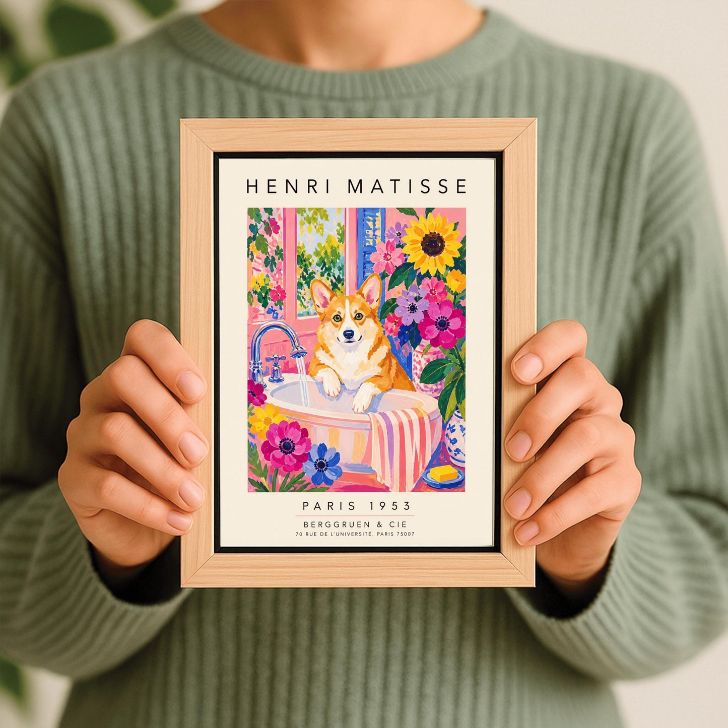 A vertical maximalist art print styled as a Henri Matisse exhibition poster. A tan and white Pembroke Welsh Corgi dog with large ears stands in a white bathroom sink under a running silver faucet. The room features pink walls and is filled with large sunflowers and pink and purple blossoms. A pink and white striped towel hangs from the side of the sink. A window in the background looks out onto a leafy green garden. Bold black text at the top and bottom