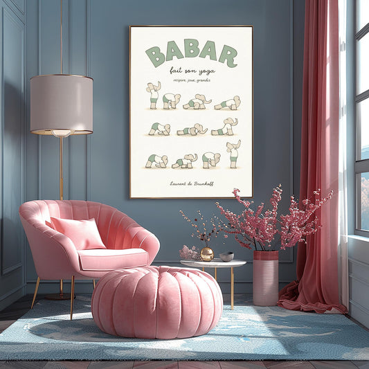 A vertical art print in muted sage green and cream tones titled "BABAR fait son yoga" with the subtitle "respire, joue, grandis." The poster shows eleven small, minimalist illustrations of a grey elephant in various yoga poses, wearing a white shirt and sage green shorts. The background is a soft off-white with a subtle paper texture, and the artist's name "Laurent de Brunhoff" is at the bottom.