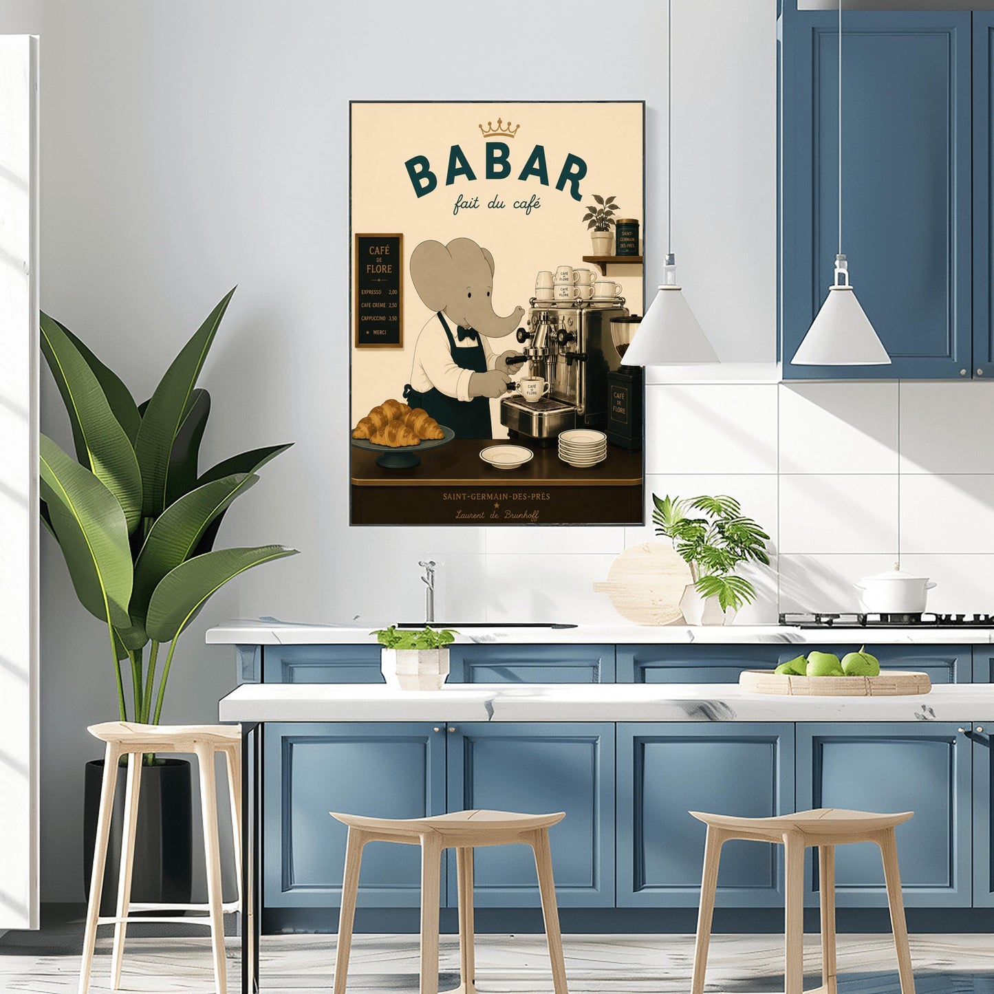 A vintage-style illustration of Babar the Elephant wearing a white shirt, black bowtie, and dark apron, working as a barista. He is operating a classic silver espresso machine in a Parisian café. The scene includes a plate of croissants, stacks of "Café de Flore" cups, and a menu board. The text at the top reads "BABAR fait du café" with a gold crown, and the bottom features "Saint-Germain-des-Prés" and the name "Laurent de Brunhoff."